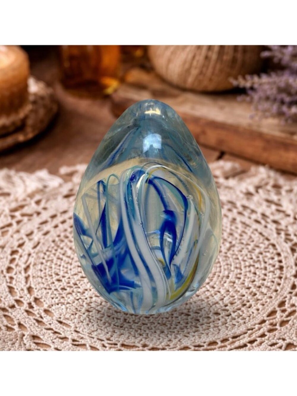Wheaton Arts Village Egg Paperweight Blue White Ribbon Swirl - Picture 2 of 6